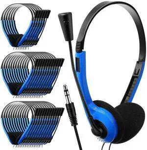 Yunsailing 30 Pack Classroom Headphones with Microphone Bulk Student Kids Headphones Blue Lightweight Adjustable Earphones on Ear with 3.5 mm Jack for Office School Classroom