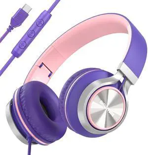 USB C Wired Headphones with Mic & Volume Control,Type C Tangle-Free Plaiting Line,Over/On-Ear Headphones for women/Teens,Lightweight Foldable for Smartphone,Tablet,Iphone 16/15 series(Pink-purple)