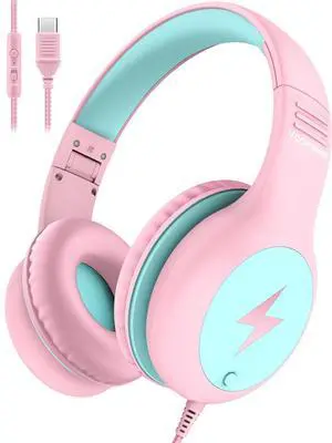 Woopvink Kids Headphones Wired with Microphone, USB C Headphones for Kids Girls Boys with Cord/LED Lights/85/94dB Volume Limit, Portable Over Ear Headphones for School/Travel/Tablet/iPad