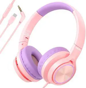 INFURTURE CH5 USB C/3.5mm Kids Headphones with Mic for Children Boys Girls, Line Control,Volume Limit 94dB, On Ear/Wired Headphones for School, Travel, for Cellphones, Tablets, PC, Kindle(Pink)