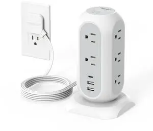 Tower Power Strip Flat Plug with 11 Outlets 3 USB (1 USB C), TESSAN Surge Protector Tower 1625W/13A,1050J Protection, 6 Feet Extension Cord with Multiple Outlets, Office Desk Supplies, Dorm Essentials