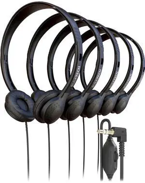 5 Pack Bulk Wired On-Ear Leather Headphones with 3.5mm Connector and Remote Control for Volume, Black