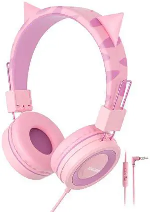 SIMJAR Dinosaur Kids Headphones with Microphone for School, Volume Limiter 85/94dB, Over-Ear Girls Boys Headphone for Kids with Foldable Wired Headphones for iPad/Travel (Pink CAT)