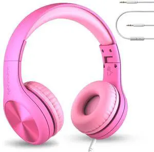 LilGadgets Connect+Wired Kids Headphones for School with Microphone, Volume Limiting & Noise Reduction Over-Ear Headset with Cord, SharePort Technology & SoftTouch Padding, Pink - Kid Headphones