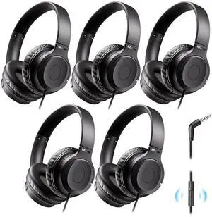 iClever Kids Headphones with Mic for School K-12, 85dBA Safe Volume, Tangle Free, 3.5mm Jack, HD Stereo, Swivel Folable Kids headphones with Cord for Classroom/Student/Tablets/Laptop, Bulk 5Pack Black
