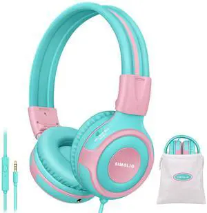 SIMOLIO Kids Headphone with Mic, 75dB,85dB,94dB Volume Limit Share Port, Child Headsets for Tablet/iPad/Kindle/Laptop, Sturdy Toddler Wired Headphones with Portable Bag for Girls, Boys (Mint & Pink)