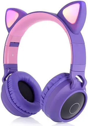 YOYOTUNE Kids Wireless Headphones,Cat Ear Bluetooth On Ear Headphones with LED Light Up,Wireless/Wired Foldable,Kids Teens Adults Headphones Bluetooth for Travel iPad (Purple)