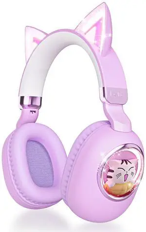 esonstyle Cat Ear Headphones for Kids - Bluetooth 5.4 On-Ear Noise Cancelling Headphones with Microphone 85dB Safe Volume Limit Wireless or 3.5mm Wired Mode USB C for School Learning Travel (Purple)