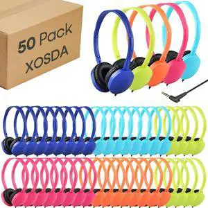 XOSDA 50 Pack Bulk Headphones for Kids School Classroom,Wholesale Children Wired Headphones with 3.5mm Jack for Students Adults Teen Toddler Boys Girls Earphones(PU102,Mixed Color)