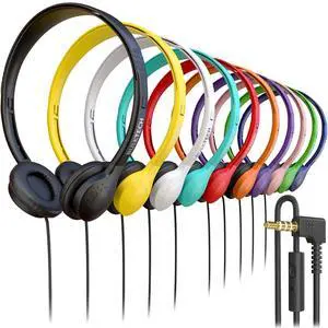 10 Pack Bulk Wired On-Ear Leather Headphones with Microphone and 3.5mm Connector, Multi