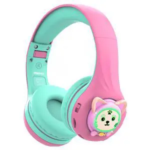 Riwbox CB-7S Kids Wireless Headphones,with Safe Volume Control 74/85/95dB,LED Glow Lights,50H Playtime,Bluetooth V5.3,Built-in Mic, TF Card Slot,for Travel/School/Phone/Laptop (Pink&Green)