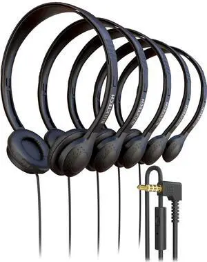 5 Pack Bulk Wired On-Ear Leather Headphones with Microphone and 3.5mm Connector, Black