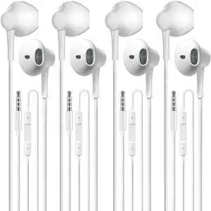 Wired Earbuds Pack of 4, in-Ear Wired Earphones with Microphone Volume Control, Powerful Heavy Bass, High Definition, Headphones Compatible with Android, iPhone, iPod, iPad, MP3 and Most 3.5mm Jack