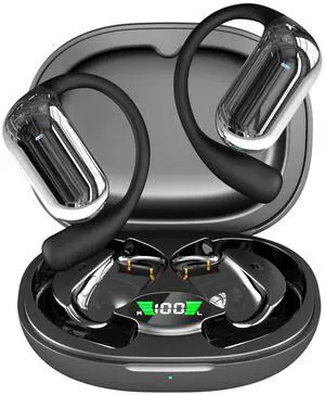 JIECAN Open Ear Headphones Bluetooth V5.3 Wireless Earbuds with Earhooks with Digital Display Charging Case, Conduction Headphones with Mic Waterproof Sport Earbuds for Running (Black)