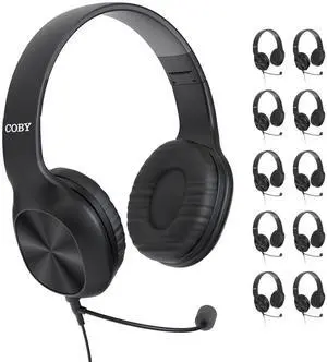 Coby Wired Headphones, 10-Pack, Folding On-Ear Headset with Microphone, Cushioned Earpads, Bundle Headphones for Gaming, Schools, Call-Centers, Customer Service, in-Line Call Control (Boom Mic)