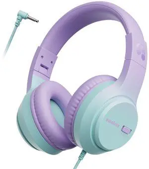 Kids Headphones with Cord for School, 74/85/94dB Volume Limit, Wired Over-Ear Headphones for Kids Boys Girls, Stereo Sound 3.5mm Jack for Tablet, Kindle, YOTO Player, Airplane Travel, Purple Green