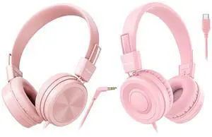 Cowyawn Pink 3.5mm Kids Headphones and USB Type C Kids Headphones for School, 94dB Volume Limited, Wired Toddler Headphones, On-Ear Wired Headphones for Kids/Children/Teens/Boys