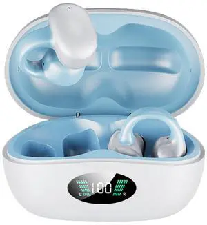 Clip On Open Ear Headphones Wireless Bluetooth, 2023 New Wireless Ear Clip Bone Conduction Headphones Bluetooth Waterproof Bone Conduction Earbuds Earphones Bone Ear Buds with LED Power Display-Blue
