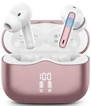 Wireless Earbuds, Bluetooth 5.4 Headphones in Ear with 4 ENC Noise Cancelling Mic, New Wireless Earphones HiFi Stereo Deep Bass 40H Playtime, In-Ear Bluetooth Earbuds LED Display IP7, USB-C, Rose Gold