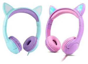 Olyre LED Cat Ear Headphones with Sharing Port pur-Green & Pur-Pink for Kids
