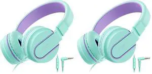 AILIHEN Kids Headphones, I35 On-Ear, 93dB, 3.5mm Wired Mic, Green/Purple (Pack of 2)