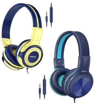 SIMOLIO Stereo Wired Headphones Teens Adults Kids Youths w/Mic & Volume Control & Volume Limited & Share Port & Portable Pouch, Safe Volume Durable Headset for Online School Gaming PC Laptop Travel