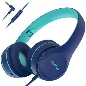 RORSOU K5 Kids Headphones with Microphone for shchool, Volume Limiter 85/94dB, Foldable Stereo Tangle-Free 3.5mm Jack Wired Cord On-Ear Headphones for Children/Boys/Girls/Kindle/Tablet/MP3/4 (Blue)