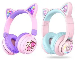 iClever Meow Cookies & Meow Macaron Cat Headphones for Kids, LED Lights Up, Safe Volume Limited, Stereo Sound, Kids Headphones for School Travel iPad Tablet