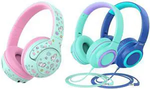 iClever BTH27 & HS22 Kids Headphones Bundles, Safe Volume,Kids Headphones for iPad/Tablet/Travel/School