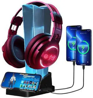 DLIOJHL 2025 Upgraded 3-in-1 RGB Transparent Stand with 4 USB Charging Ports, Desktop Gaming Headphone Stand with 7 Breathing Light Modes for All Headphone Accessories (Black)