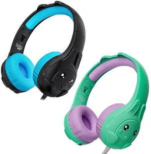 ZIUMIER Kids Headphones, with Microphone, 80/90dB Volume Limiter, Audio Sharing Port, Toddler Headphones for School Travel, 2Packs Black and Green