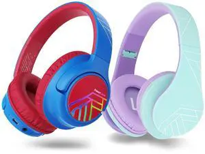 PowerLocus Bobo Kids Headphones (Red) with P2 Kids Headphones (Teal/Purple)