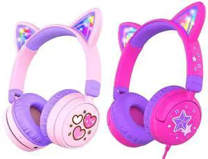 iClever Kids Cat Headphones Bundles, LED Ligths Up, Stereo Sound Foldable Headphones for iPad Tablets Travel Kids Gift