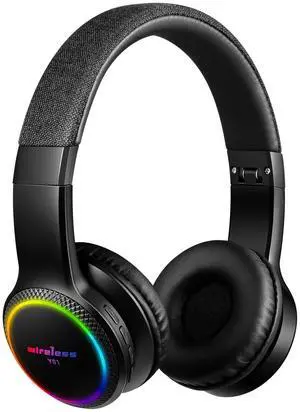 Woice Kids Blutooth Headphones with mic, Colorful LED Lights, Stereo Sound, Bluetooth5.0, Foldable On-Ear Children Wireless/Wired Headphones Fit for Kids Teens Adults (Black&Black)