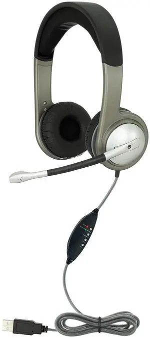 Egghead(r) Deluxe Multimedia USB Headset with Leatherette Ear Cushions, Adjustable Padded Headband, 360deg Pivoting Earcups, Flexible Uni-Directional Microphone and USB Plug, Pack of 10