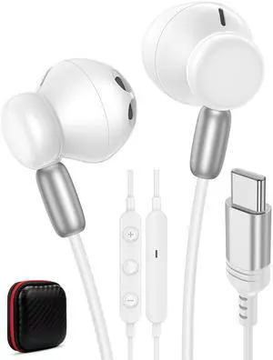 Wired Headphones USB C for Apple iPhone 16 Pro Max 16e 15 iPad Corded Ear Buds Type C Earphones Earbuds with Microphone Android for Samsung Galaxy S25 S24 S23 S22 S21 Note 20 Ultra Google Pixel White