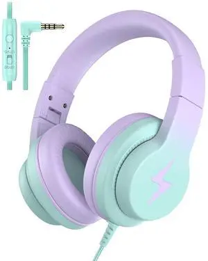 Candy Bila Kids Headphones, Wired Headphones for Kids Over Ear with Microphone, 85/94dB Volume Limiter Headphone for Girls Boys, Foldable Headphone for Learning & Entertainment,Gradient Purple