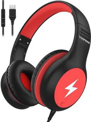 Voopwink Kids Headphones Wired with Microphone, USB-C, Over Ear, Black-Red, KH3-R
