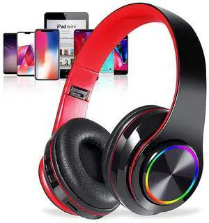 Bluetooth Over Ear Headphones, LED Lights Headphones with Built-in Mic, Light Weight, Bluetooth 5.0, Wireless Foldable HiFi Stereo Headphones for Classroom/Home/Office/PC/Mobile Phone (Black red)