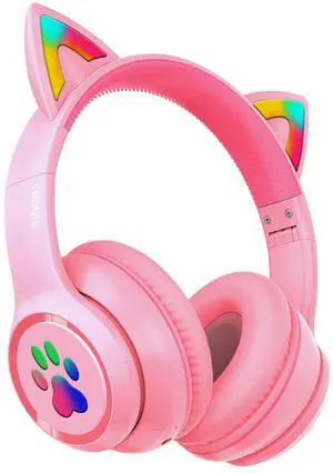 MIDOLA Kids Headphones Cat Ear Wireless Bluetooth 5.3 60H Over Ear, 8H with Led Light Foldable Headset with Aux 3.5mm Mic for Travel Pad Tablet Pink