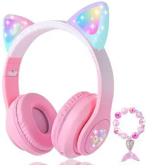 KORABA Cat Ear Kids Headphones Bluetooth, LED Light up Wireless/Wired Mode Over Ear Headphones with Build in Microphone for School/Travel (Pink)