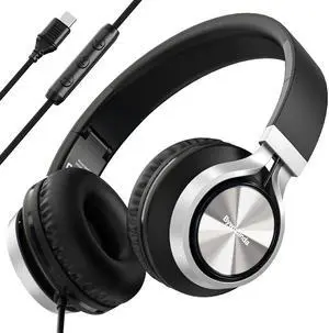 Bywulanda USB C Headphones with Mic and Volume Control, Over Ear Stereo Headsets for iPhone 15 16 Pro, Wired Foldable Headphones for Smartphones Chromebook Laptop Tablets Travel(Black/Gray)