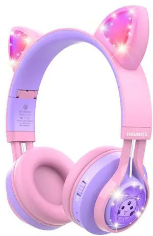 Riwbox Kids Headphones, CT-7S Cat Ear Bluetooth Headphones with LED Light, 85dB Volume Limiting, Over Ear with Microphone for Laptop/PC/TV (Pink&Purple)