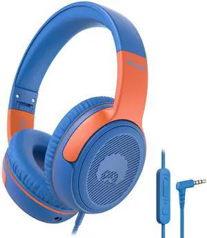 rockpapa Share 1 Kids Headphones Wired with Microphone & Share Port, 85dB/94dB Volume Limited, Cute Foldable Student Child Boys Girls Headphones for School/Classroom/Travel Blue/Orange