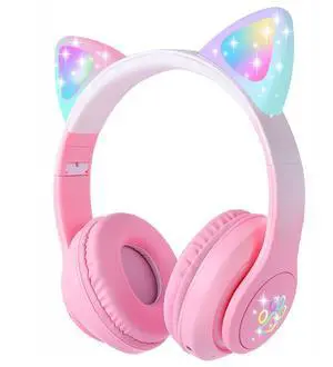 HOYJACY Cat Ear Kids Bluetooth Headphones for Girls Children Teens, LED Light Up Wireless/Wired Mode Foldable Stereo Girls Headphones with Built-in Mic for School Birthday Xmas Gift (Pink)