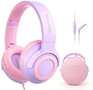 TONOSHARK Kids Wired Headphones with Microphone, Volume Limited to 85/94dB Earphone for Boys & Girls, Foldable 3.5mm Jack Headset for School & Travel, Includes Portable Case(Purple)
