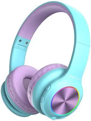 PowerLocus PLED Kids Bluetooth Headphones, Kids Wireless Headphones with LED Lights, 74/85/94dB Safe Volume, Micro SD, AUX Cable, Hi-Fi Stereo, Built-in Mic Over Ear Kid Headphone for Travel/Tablet/PC
