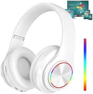 Bluetooth Headphones with RGB, Foldable Wireless Bluetooth Headphones Over Ear, with Colorful LED Lights, Wired HiFi Stereo, Build in Mic, for PC/Laptop/Tablet/Phone Gaming/Exercise/Calling(White)