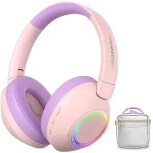 TONOSHARK Noise Cancelling Headphones for Kids,Colorful RGB LED Lights, 60H Playtime, Bluetooth 5.4 Wireless Over-Ear Headset Built-in Microphone for Home/School/Party- Includes Portable Case(Pink)
