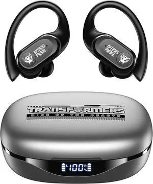 Transformers Over The Ear Earbuds Wireless Bluetooth 5.4 LED Power Display Earbuds with Earhooks 65H Playtimes Deep Bass IPX5 Waterproof Ear Buds for Sports/Workout, TF-T26 Optimus Prime
